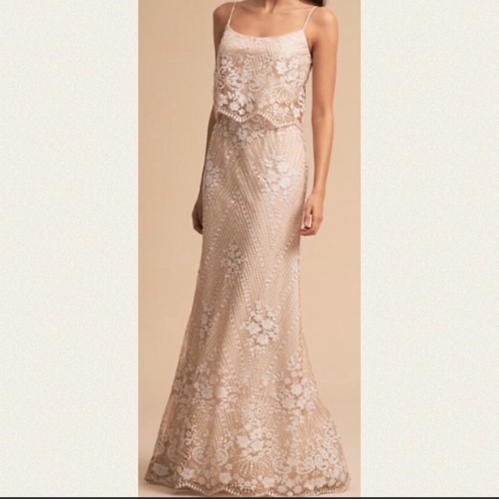BHLDN x Adrianna Papell Anthropologie beaded long wedding prom Gown nude & white